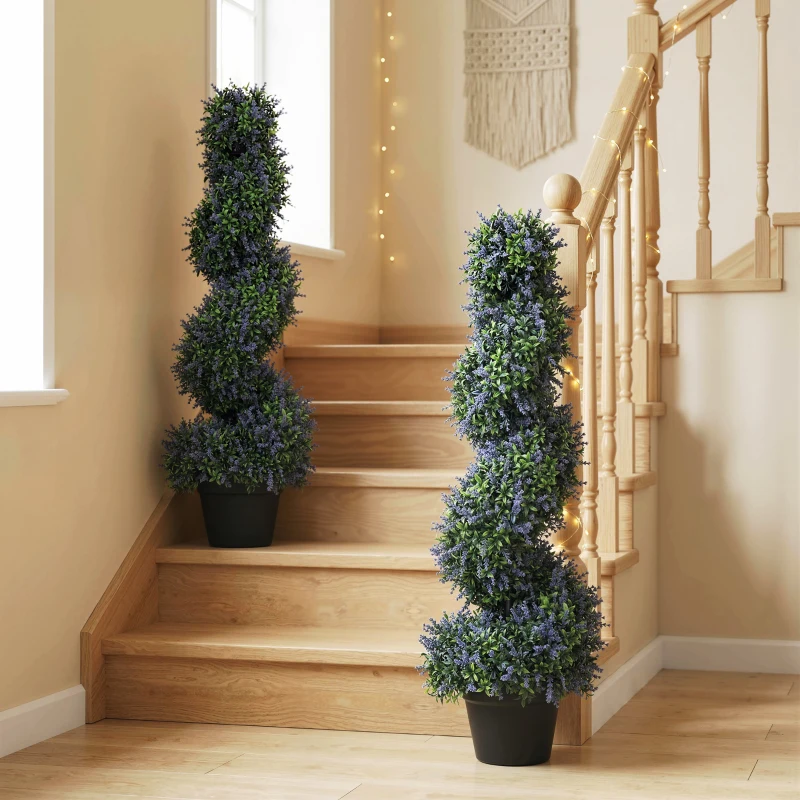 HOMCOM Artificial Lavender Topiary Tree Set of 2, UV Resistant Fake Plants in Pot for Indoor Outdoor Decor, 90 cm, Purple