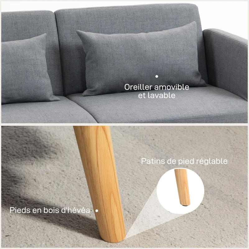 HOMCOM Canapé convertible 3 places design clic clac dossier inclinable et accoudoirs réglables tissu effet lin gris