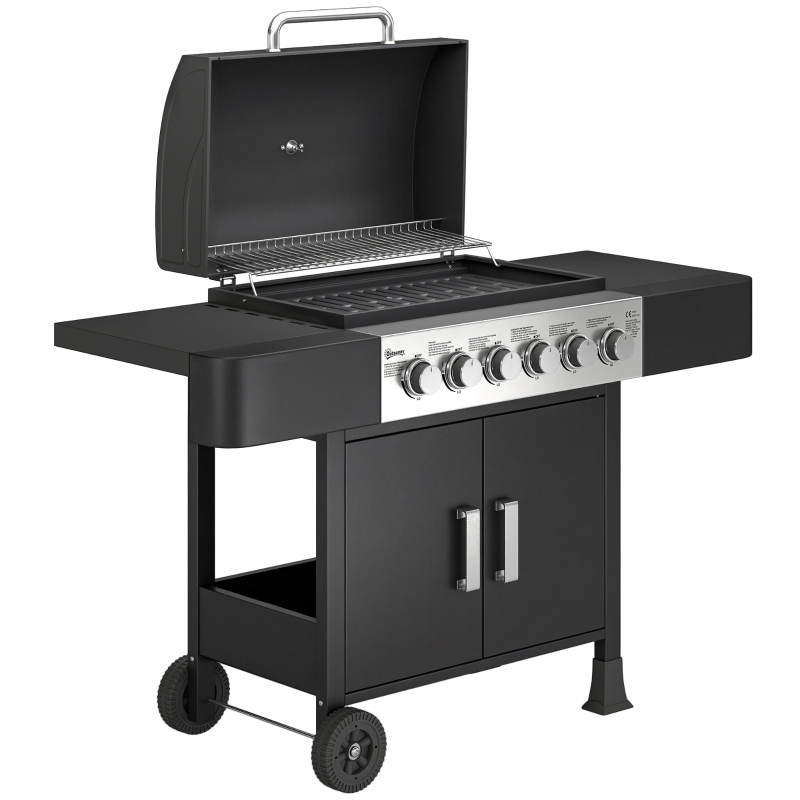 Outsunny Barbacoa de Gas con 6 Quemadores Termómetro Parrilla Mesas Laterales Armario y Ruedas 135x51x101 cm Negro