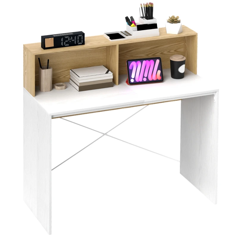 HOMCOM Escritorio 110x50x102,6 cm Mesa de Escritorio con 2 Compartimentos Abiertos y Estante Blanco y Madera Natural