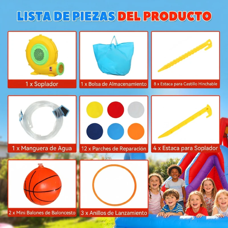 AIYAPLAY Castillo Hinchable Acuático 8 en 1 con Soplador 550W Tobogán Trampolín Escalada Piscina Portería Canasta Lanzamiento