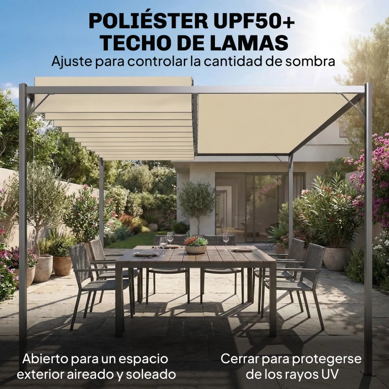 Outsunny Pérgola de Jardín 3x4 m con Protección UPF 50+ Gazebo con Techo Ajustable Estructura de Metal para Exterior Crema