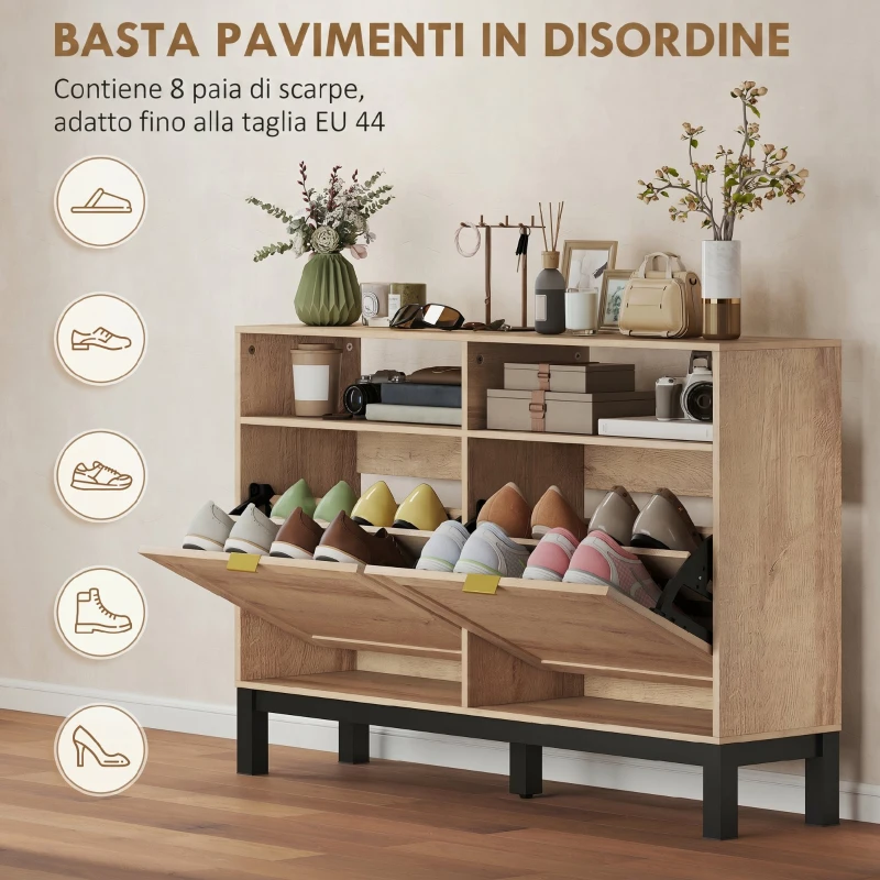 HOMCOM Scarpiera Salvaspazio Slim con 2 Ante a Ribalta e Ripiani Regolabili Rimovibili per 8 Paia, Color Noce