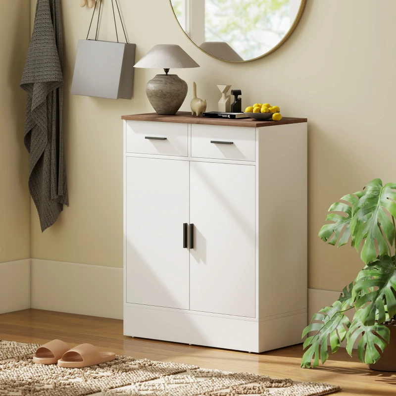 HOMCOM Credenza Moderna 2 Cassetti e Armadietto 2 Ante, Ripiano Interno Regolabile, Bianco e Legno