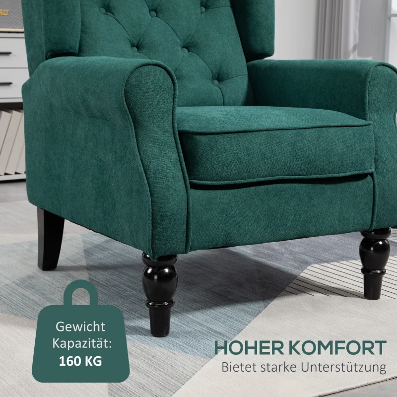 HOMCOM Eleganter Ohrensessel, dick gepolstert, abnehmbarer Bezug, 74 x 86 x 102 cm, Dunkelgrün