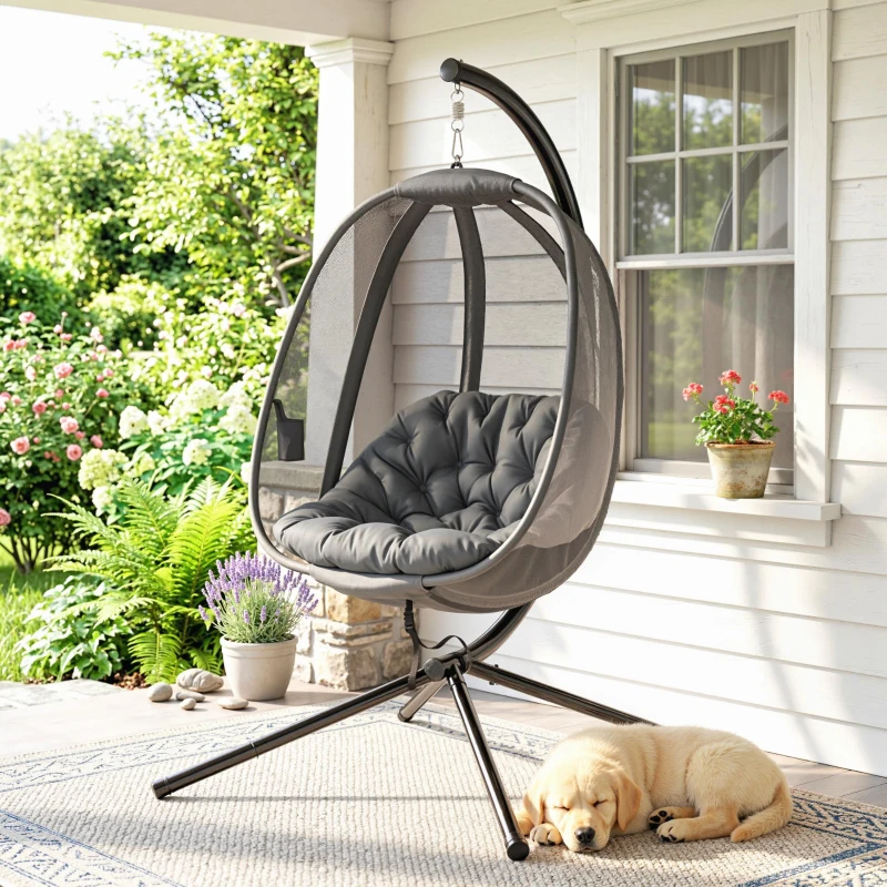 Outsunny Hanging Egg Chair, Folding Texteline Swing Hammock with Side Pocket, Cushion and Stand for Indoor Outdoor, Patio Garden Furniture, Grey