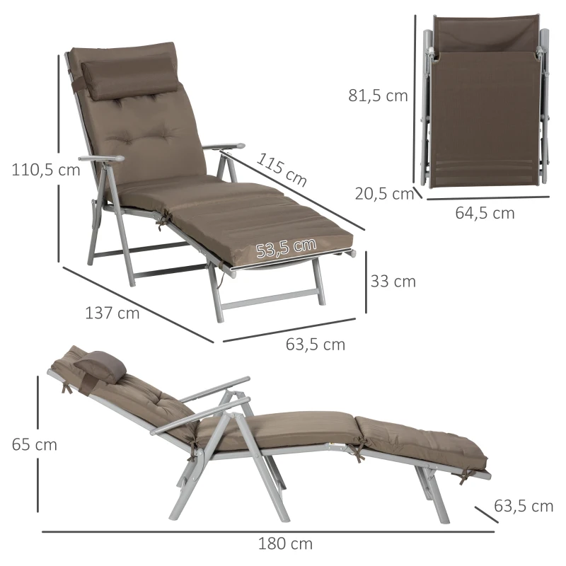 Outsunny Espreguiçadeira Dobrável de Jardim com Encosto Ajustável em 7 Posições Almofadas para Corpo Inteiro e Cabeça 137x63,5x100,5 cm Castanho