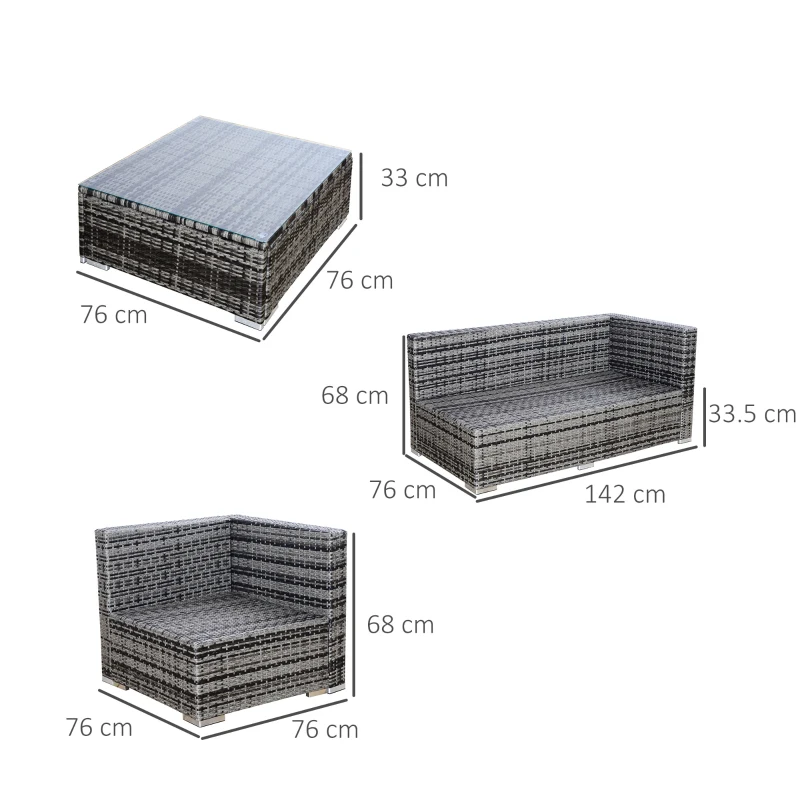 Outsunny 4 Pieces Rattan Garden Furniture Set, Wicker Outdoor Furniture Set with Corner Sofa Loveseat Coffee Table Cushions, Conservatory Furniture Set for Patio Balcony Poolside, Grey