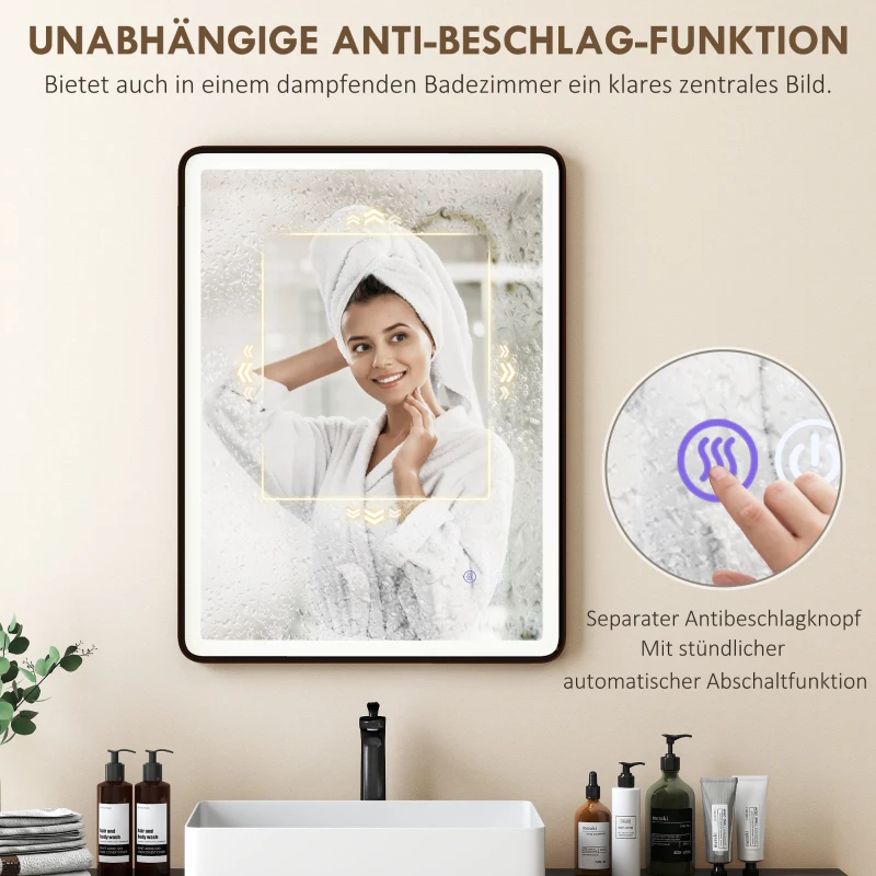 HOMCOM LED-Badezimmerspiegel Anti-Beschlag Dimmbare Schminkspiegel mit Beleuchtung 80 x 60 cm Schwarzer Rahmen