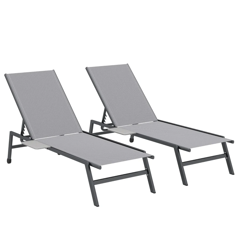 Outsunny Set 2 Lettini Prendisole Regolabili in 5 Posizioni con Tavolino Laterale e 2 Ruote, in Metallo e Poliestere, Grigio