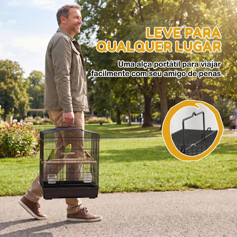 PawHut Gaiola para Pássaros 46,5x36x59 cm Gaiola de Metal para Pássaros com 2 Comedouros 2 Poleiros Baloiço Bandeja Amovível Preto