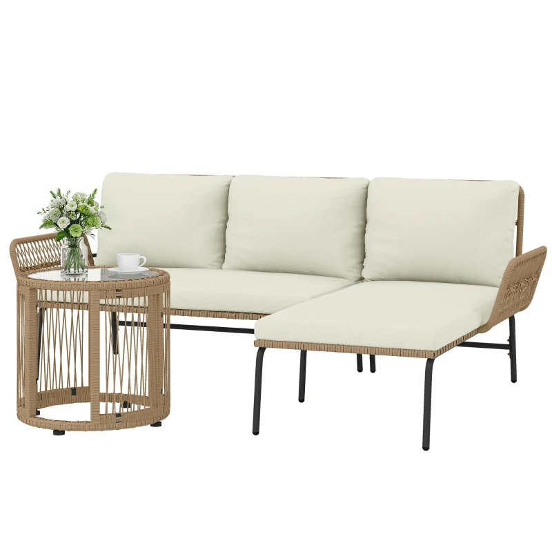 Outsunny Conjunto de Muebles de Jardín Exterior de Ratán con Sofá de 2 Plazas Chaise Longue Cojines y Mesa Auxiliar Crema