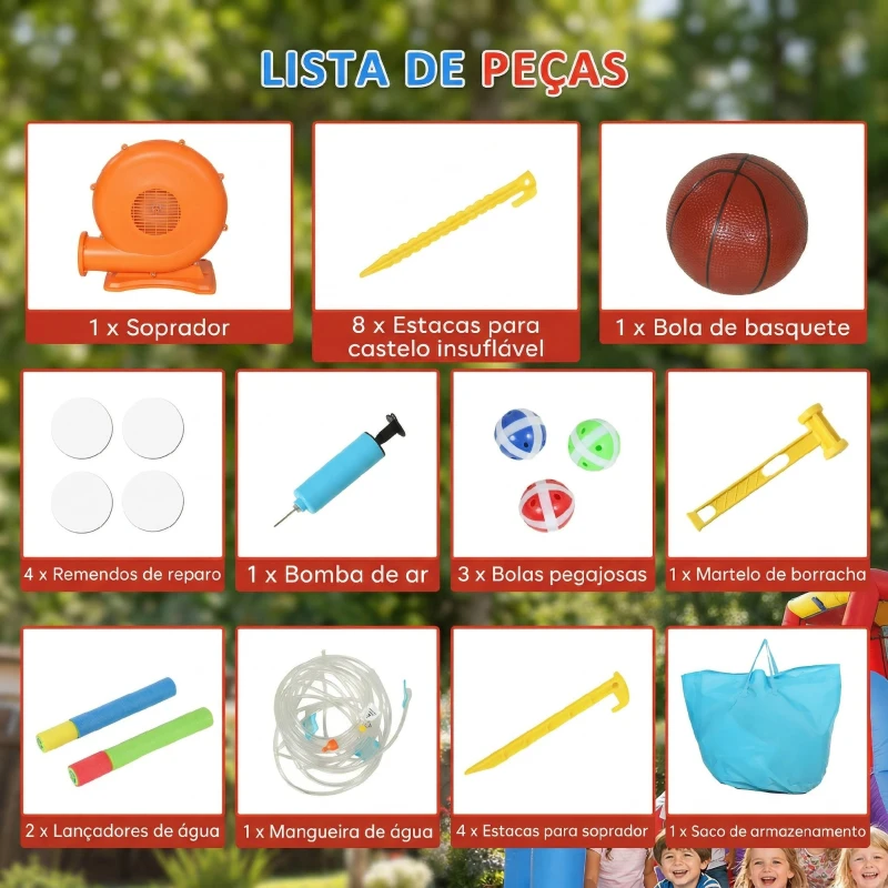 AIYAPLAY Castelo Insuflável Aquático 7 em 1 com Insuflador 450W 2 Escorregas Trampolim Piscina Cesto Coluna de Boxe 426x360x198 cm Multicor