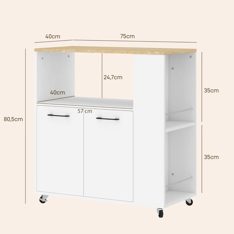 HOMCOM Desserte de cuisine à roulettes, Îlot central cuisine avec plan de travail et étagère réglable, 75x40x80,5cm, blanc