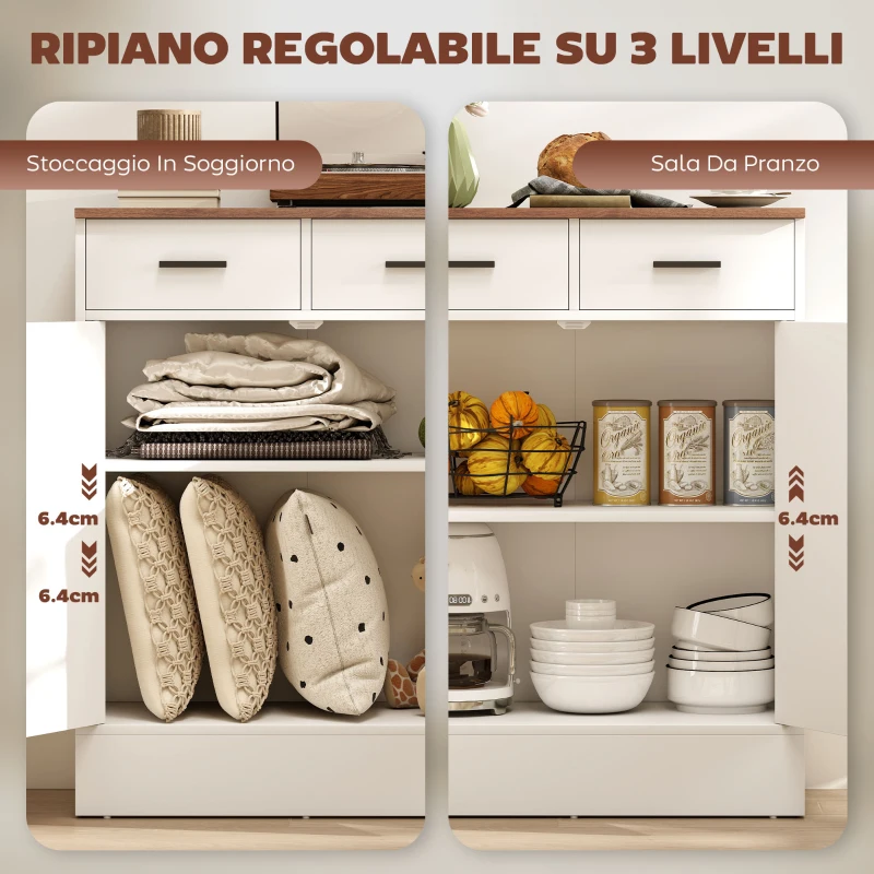 HOMCOM Credenza Moderna 2 Cassetti e Armadietto 2 Ante, Ripiano Interno Regolabile, Bianco e Legno