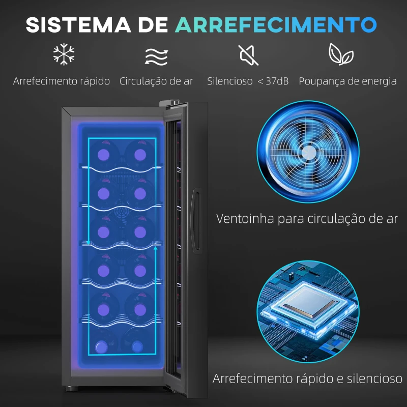 HOMCOM Cave de Vinhos 12 Garrafas com Dupla Refrigeração Termoelétrica Temperatura Ajustável 8-18℃ Porta de Vidro Anti-UV Ecrã LED Luz Interior Preto