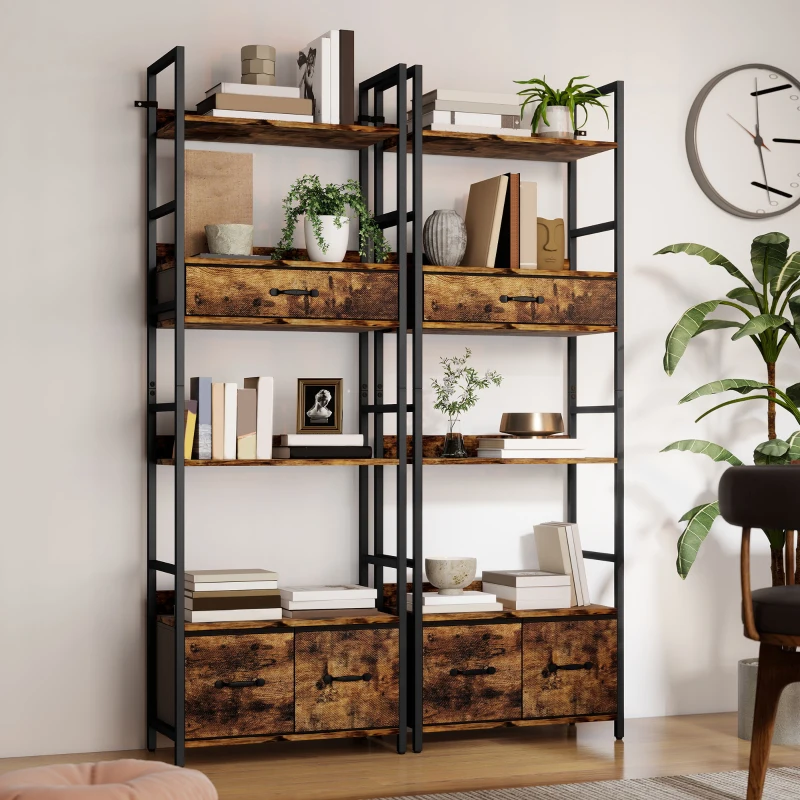 HOMCOM Bibliothèque étagère de rangement à 6 niveaux avec 4 étagères, 3 tiroirs en tissu, 60x30x176cm, brun rustique