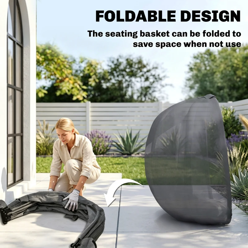 Outsunny Hanging Egg Chair, Folding Texteline Swing Hammock with Side Pocket, Cushion and Stand for Indoor Outdoor, Patio Garden Furniture, Grey