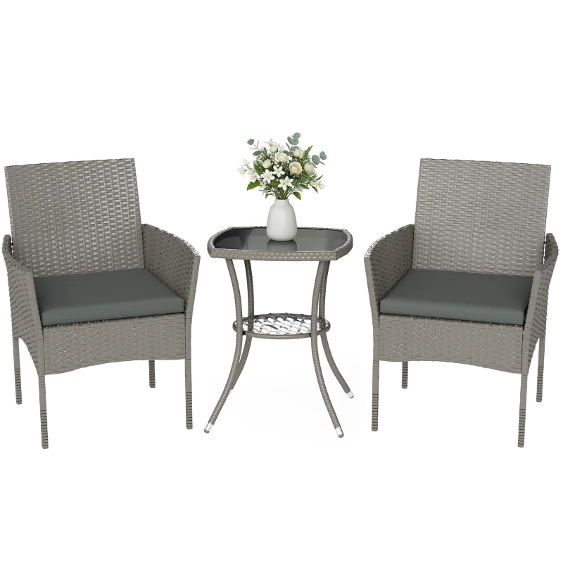 Outsunny 3 Piece Rattan Bistro Set, PE Wicker Garden Furniture Conversation Set with 2 Tier Glass-Top Table, Chairs, Dark Grey