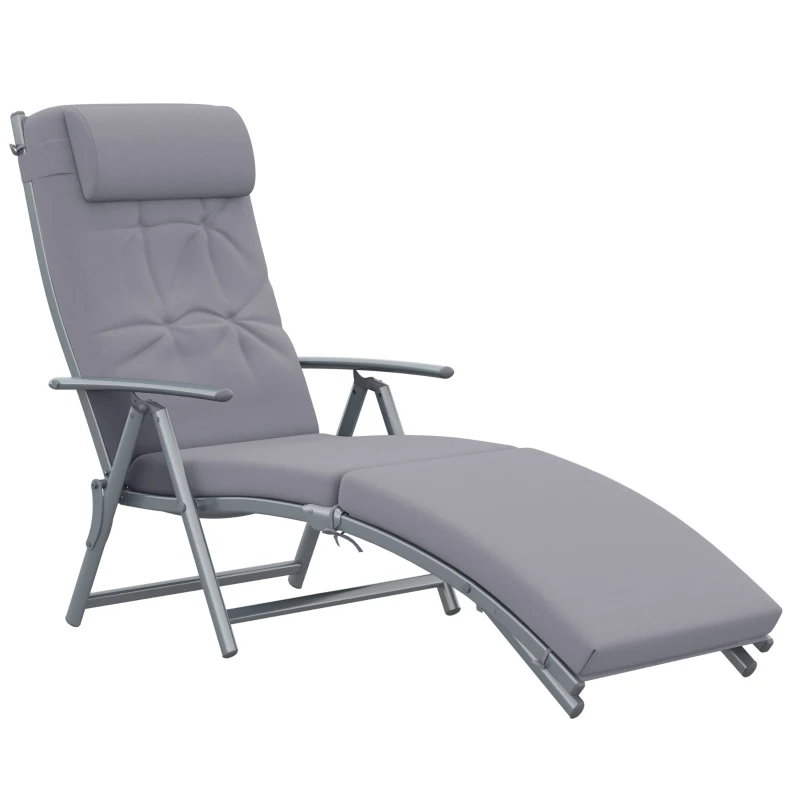 Outsunny Sun Lounger Metal Frame Outdoor Folding Chaise, Texteline Lounge Chair Recliner with Headrest and 7 Levels Adjustable Backrest, Grey