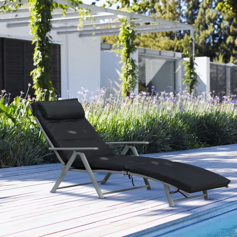 Outsunny Bain de Soleil Pliable transat inclinable 7 Positions Chaise Longue Grand Confort avec Matelas + accoudoirs métal époxy textilène Polyester Noir