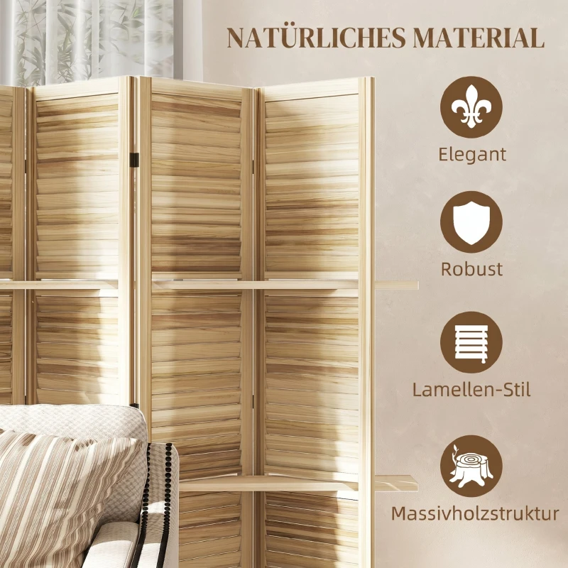 HOMCOM Paravent intérieur en bois 4 panneaux 160 x 170 cm, séparateur de pièce pliable 3 étagères, bois naturel effet brûlé