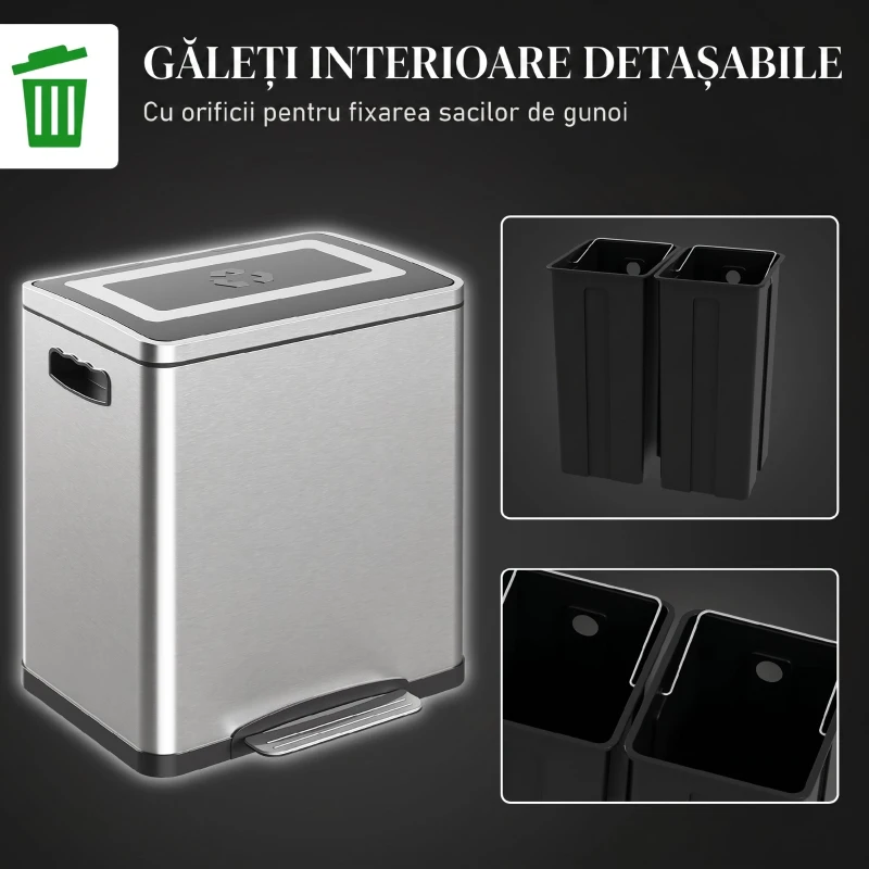 HOMCOM Coș de gunoi cu 2 compartimente de 15L, cu pedală și capac silențios, din oțel inoxidabil și PP, 40x34,8x47,5 cm