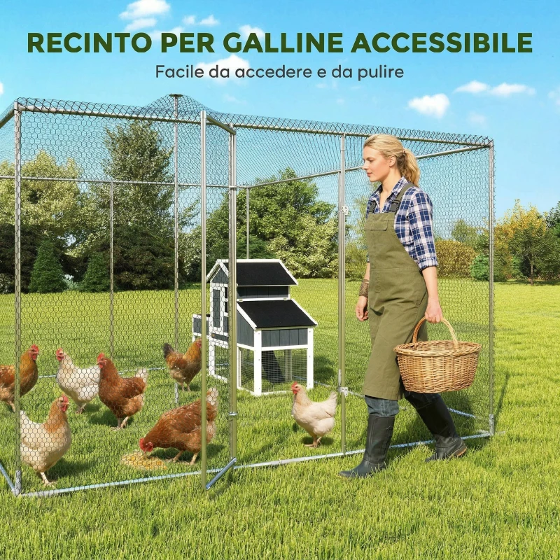 PawHut Pollaio per Galline da Esterno con Porta e Doppi Serratura, in Acciaio Zincato, 4x3x2 m, Argento