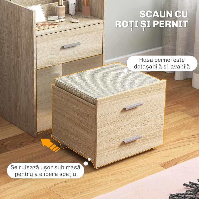 HOMCOM Masă de Toaletă cu Oglindă Rabatabilă, Natural