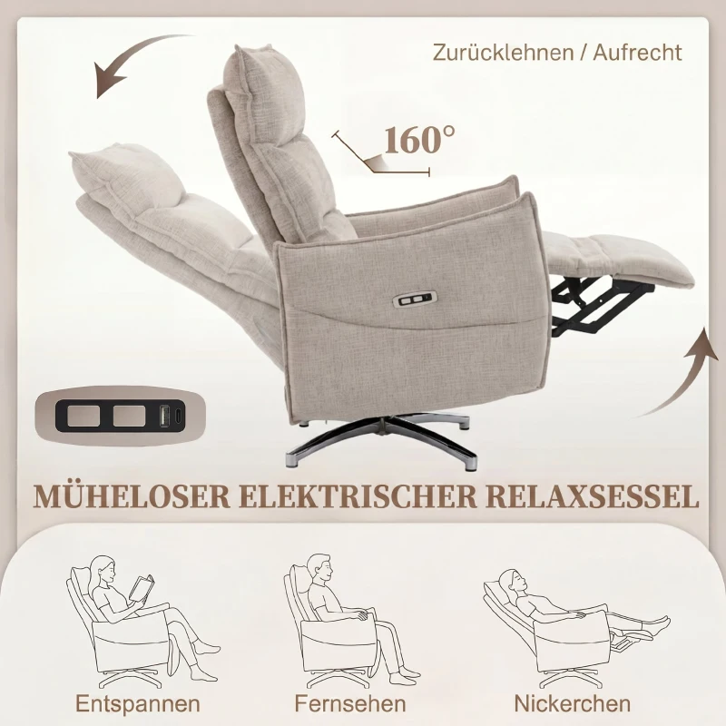 HOMCOM Drehbarer Elektrischer Relaxsessel für Erwachsene, Sessel mit Leinenoptik-Stoff und Ladeanschlüssen, Beige