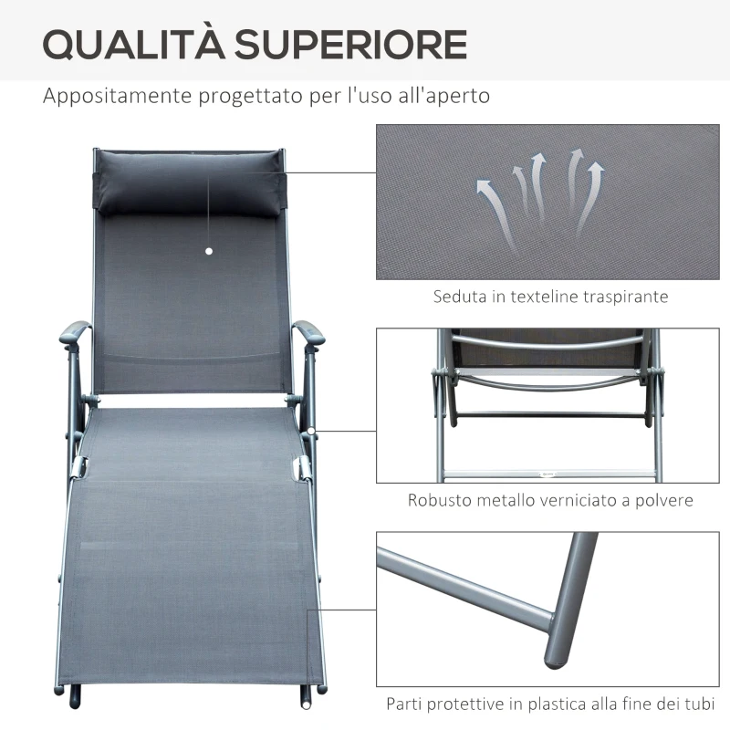 Outsunny Lettino Sedia a Sdraio da Giardino Pieghevole con Cuscino, Schienale con 7 Reclinazioni, 137x63.5x100.5cm, Grigio