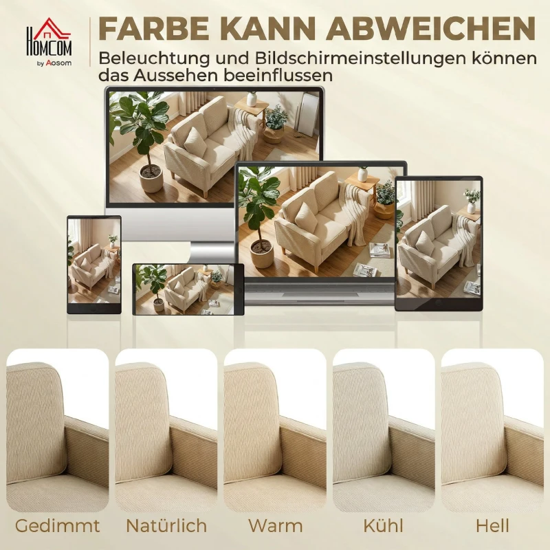 HOMCOM Sofa 2 Sitzer Couch mit 2 Wurfkissen, Stauraum Massivholzfüßen Kleine Modern Loveseat Corduroy 117 x 63 x 79 cm Beige