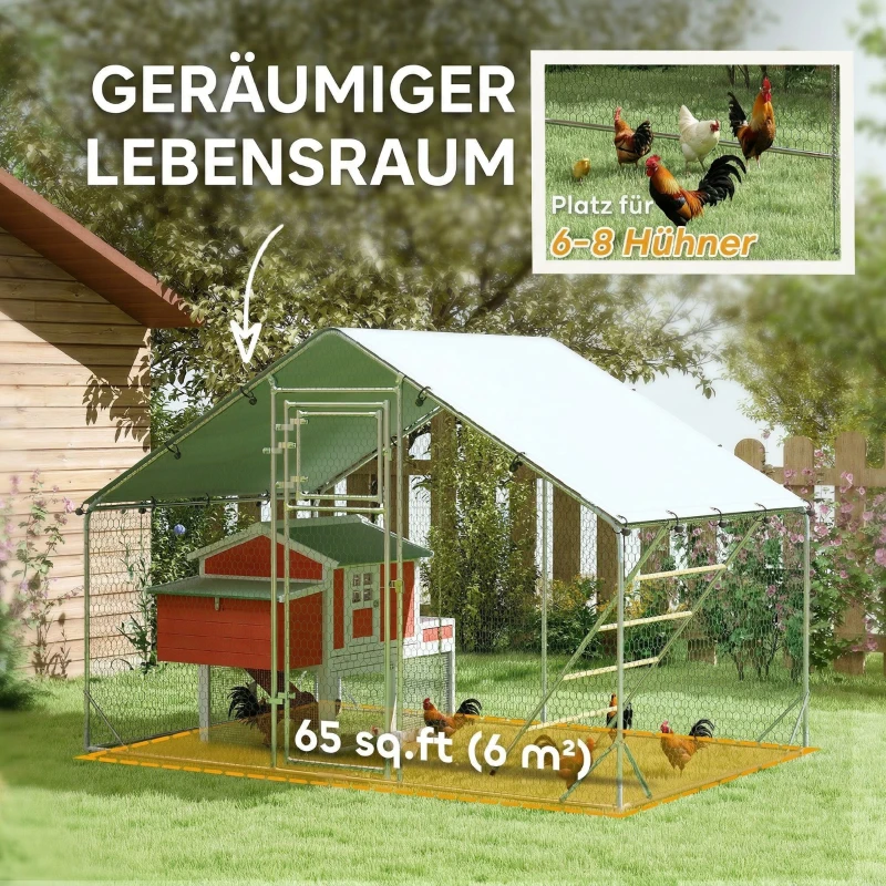 PawHut Hühnerstall, Freilaufgehege für Hühner, mit UV-beständiger Plane, Stahlgitter, Futterautomat, für 6-8 Hühner(m-4)