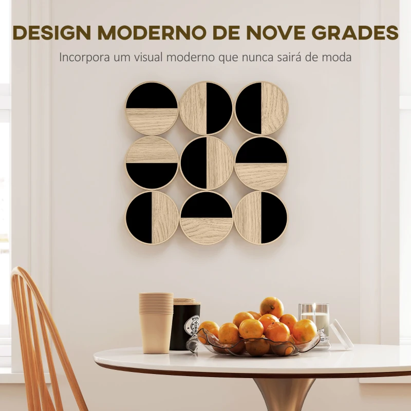 HOMCOM Quadro Decorativo de Parede Geométrico Decoração de Parede Moderno 3D 60x60 cm com Espelho de Plástico Preto e Madeira