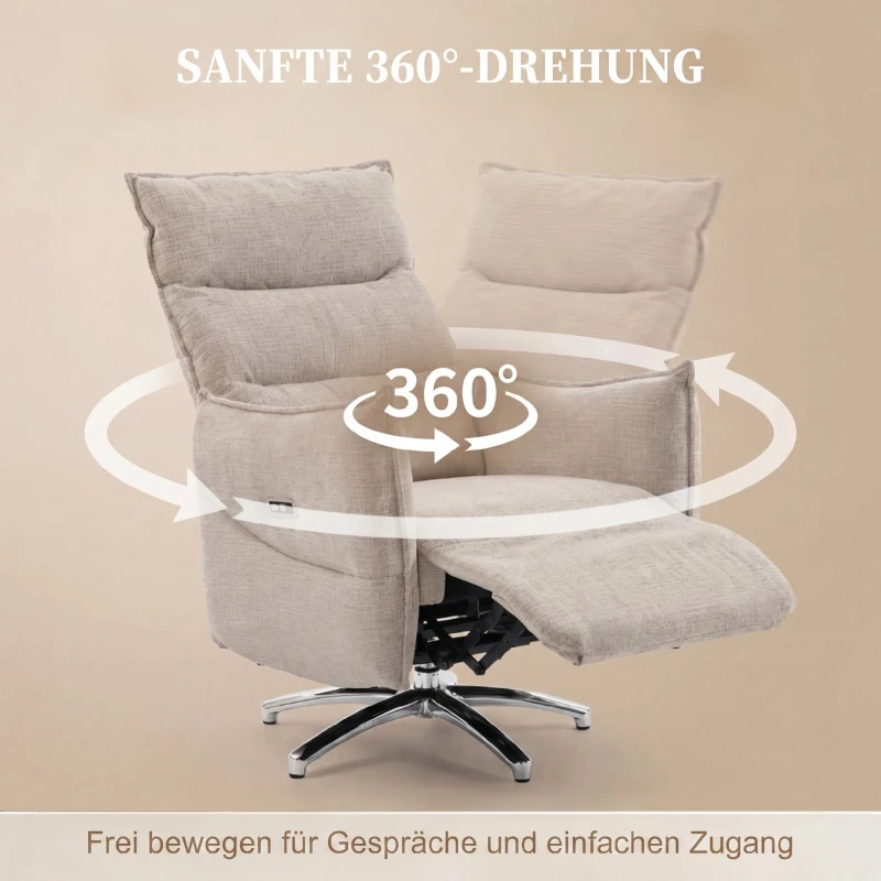 HOMCOM Drehbarer Elektrischer Relaxsessel für Erwachsene, Sessel mit Leinenoptik-Stoff und Ladeanschlüssen, Beige