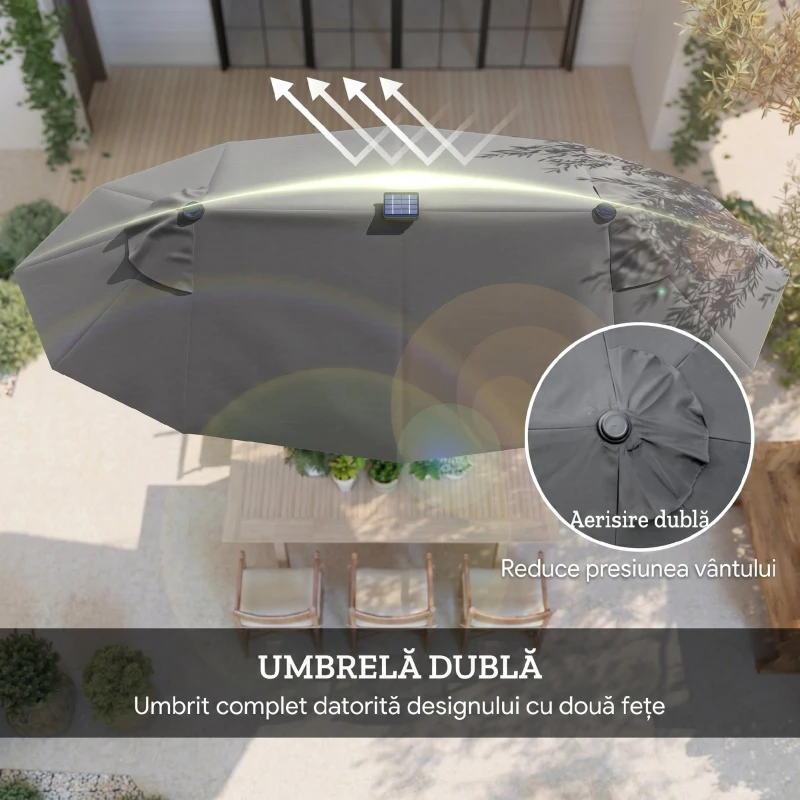 Outsunny Umbrelă dublă cu bază în formă de cruce și lumini solare, 295x150x219cm, gri