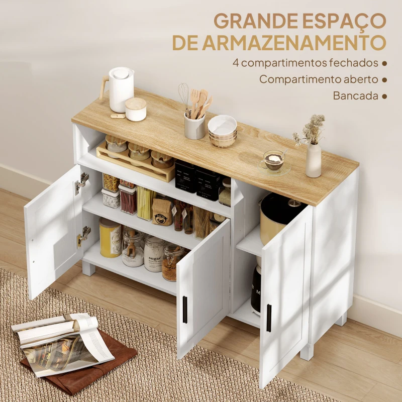 HOMCOM Aparador de Sala com Prateleiras Ajustáveis Compartimento Aberto Pernas de Madeira 110x33x75 cm Branco