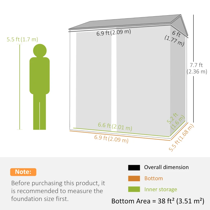 Outsunny Magazie de Grădină Înaltă din Oțel de 3,51m² cu Guri de Aerisire și Ușă Blocabilă, 209x177x236 cm, Argintiu