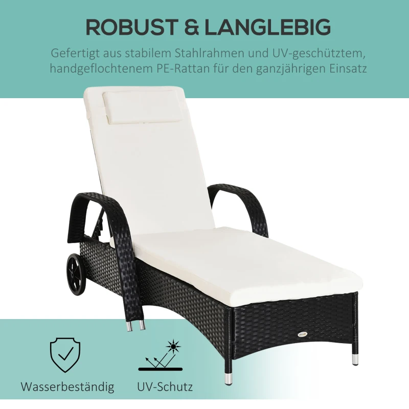 Outsunny Gartenliege mit Auflage, verstellbare Rückenlehne, Metallgestell, Polyrattan, schwarz+creme, 200 x 73 x 103 cm