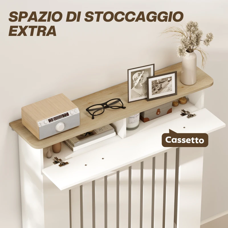 HOMCOM Copritermosifone a Doghe Antiribaltamento con Cassetto, in Legno, 78x19x97 cm, Bianco