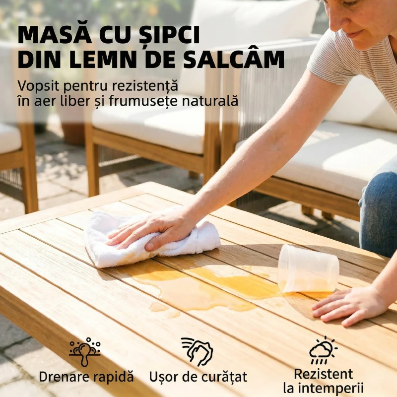 Outsunny Set de Grădină 4 Piese, Lemn de Salcâm, Conversație Terasă cu Perne Bej