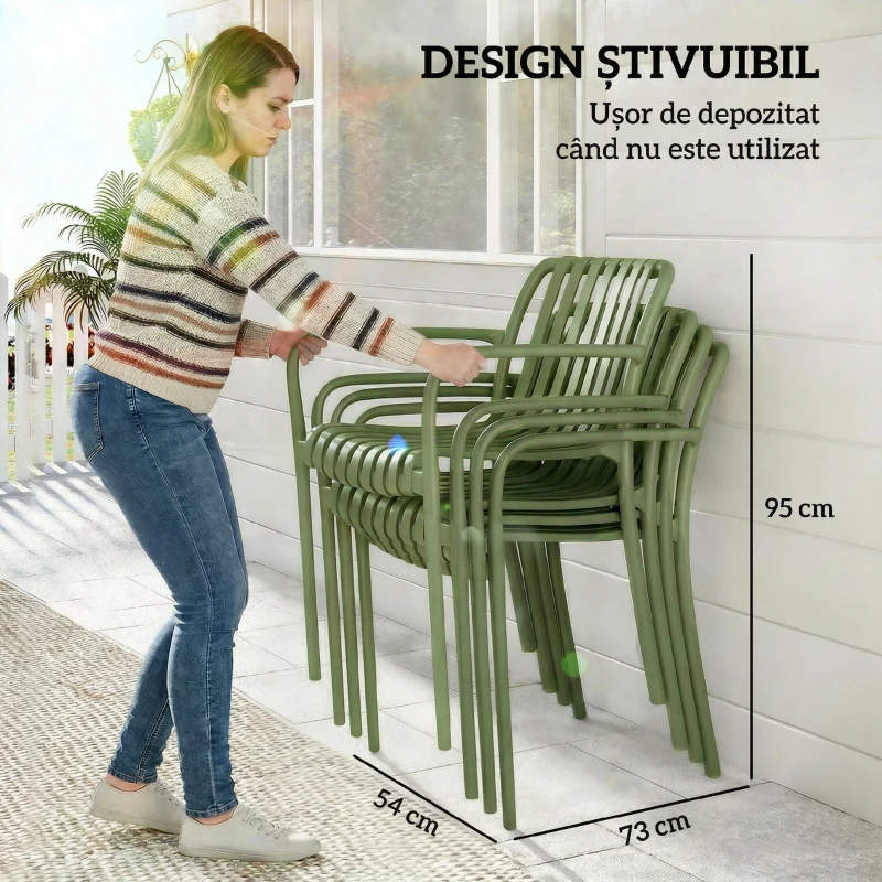 Outsunny Set 4 Scaune de Grădină Stivuibile din Plastic Anti-UV, Scaune pentru Prânz în Exterior cu Spătar Ergonomic cu Lamele și Mânere, pentru Terasă Balcon Grădină Exterior Interior, 55x58,5x81,5 cm, Verde