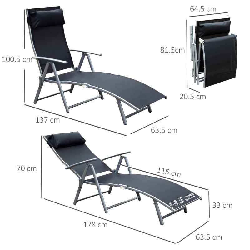 Outsunny Outdoor Recliner Sun Lounger Chair, Steel Frame Folding Chaise Lounge Chair with Headrest, 7 Levels Adjustable Backrest and Breathable Mesh Fabric, Black
