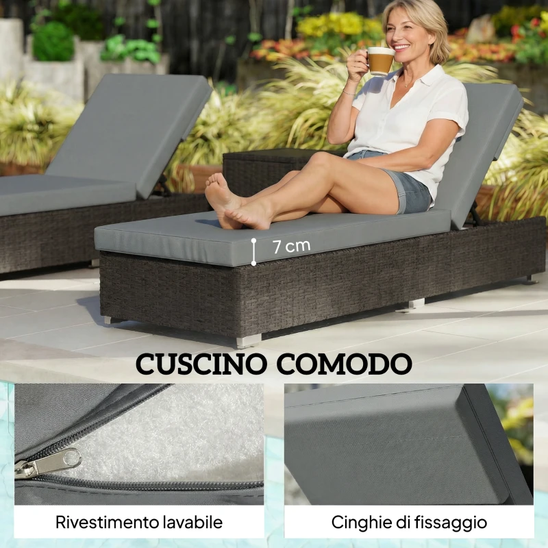 Outsunny Set 2 Sdraio da Giardino in Rattan con Tavolino Laterale e Schienale Regolabile, 184x60x22 cm, Grigio Scuro
