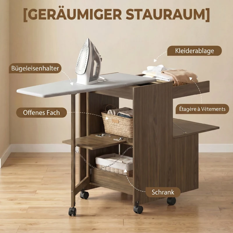 HOMCOM Dulap Masă de Călcat Pliabil cu Roți și Suport pentru Fier de Călcat, Dulap Multifuncțional cu Rafturi, Compartiment Deschis, pentru Spălătorie, Baie, 154x55x87 cm, Maro