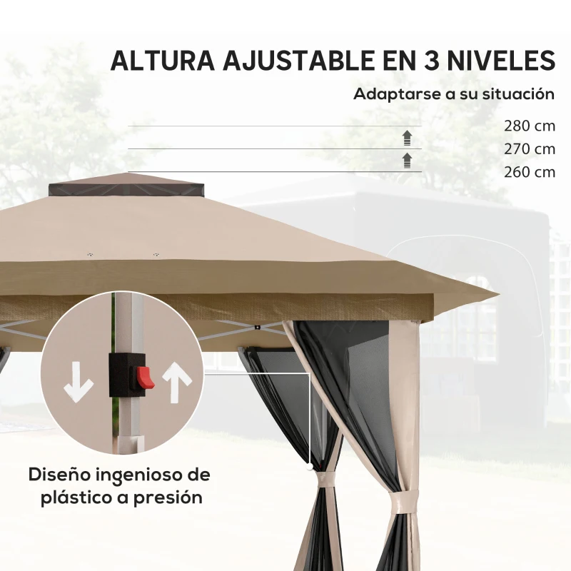 Outsunny Cenador Plegable 3,6x3,6 m con Laterales de Malla UPF50+ Altura Ajustable Bolsa con Ruedas y Bolsas de Arena Beige
