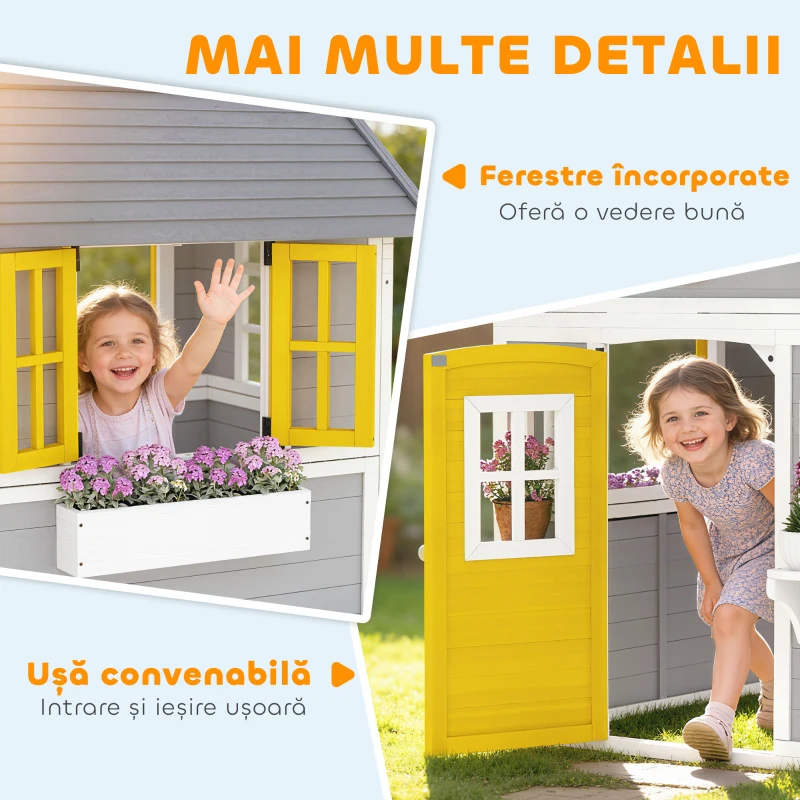 Outsunny Căsuță din Lemn pentru Copii 3-8 Ani, Căsuță de Grădină cu Ferestre, Acoperiș Înclinat, Ghivece și Jardiniere, Gri, Galben, Alb
