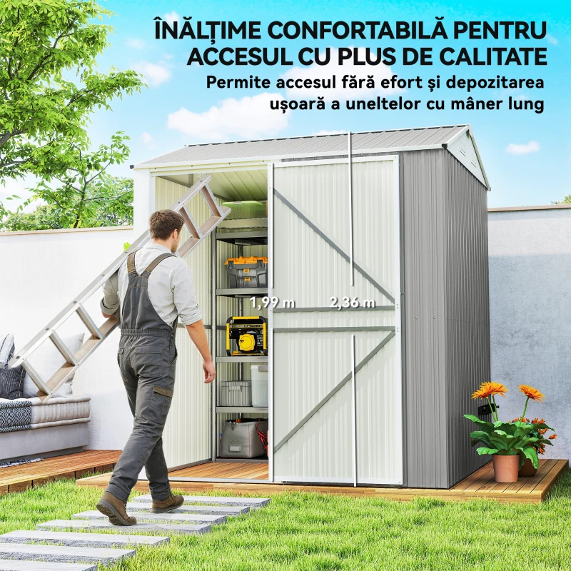Outsunny Magazie de Grădină Înaltă din Oțel de 3,51m² cu Guri de Aerisire și Ușă Blocabilă, 209x177x236 cm, Argintiu
