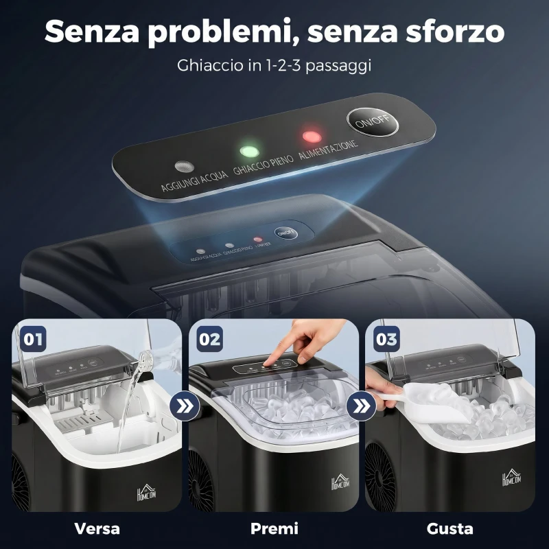 HOMCOM Macchina del Ghiaccio da 9 Cubetti in 6-12 Minuti con Cestello e Paletta Inclusi, 23.8x30.5x29 cm, Nero
