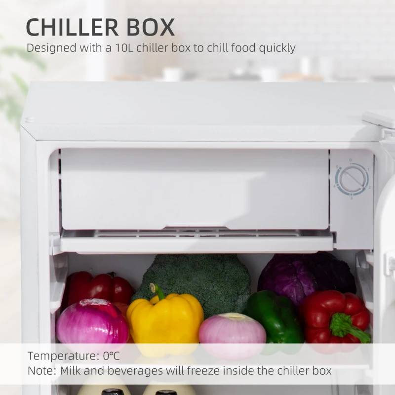 HOMCOM Freestanding 91 Litre Under Counter Fridge with Chiller Box, Reversible Door, Adjustable Temperature, 47.5cm Wide, Noise Level: Decibels 40, White